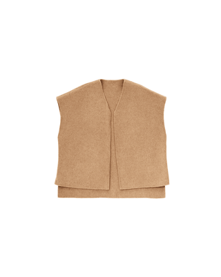 Camel Drape Vest in Honey Birch, laid flat, showing the open-front wool and camel hair silhouette and soft shoulder