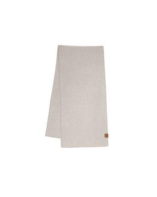 Ember wool blanket scarf in Oat Down, laid flat and folded, showing the oatmeal wool cashmere face and Murmurs label