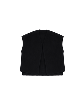 Drape Vest in Charred Cedar laid flat, showing the open-front wool and camel hair silhouette with soft shoulders